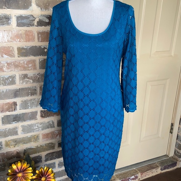 Ronni Nicole Teal Blue Lace Dress Coquette Eyelet Crochet Scoop Neck Midi Sheath - Picture 3 of 13